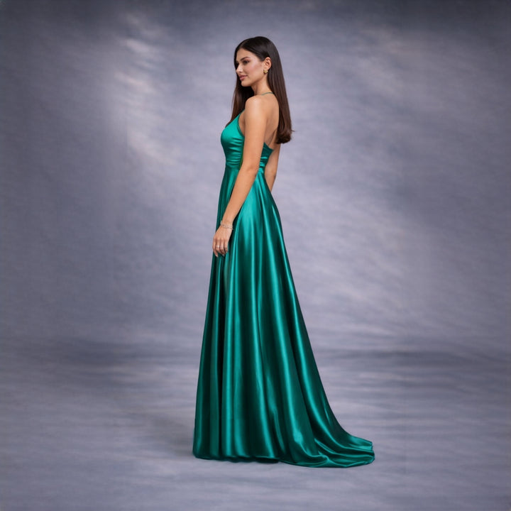 Rochie verde lunga din satin cu dantela Sensation
