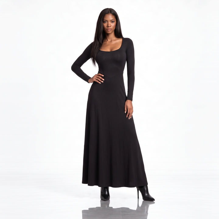 PRET SPECIAL DE LANSARE! Rochie lungă neagră din jersey de bumbac, cu mânecă lungă și fustă evazată