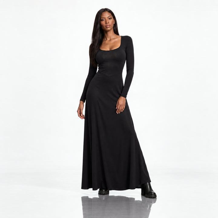 PRET SPECIAL DE LANSARE! Rochie lungă neagră din jersey de bumbac, cu mânecă lungă și fustă evazată
