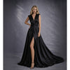 Rochie neagra lunga din satin cu nod in talie si despicatura London