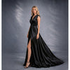 Rochie neagra lunga din satin cu nod in talie si despicatura London