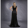 Rochie neagra lunga din satin cu nod in talie si despicatura London