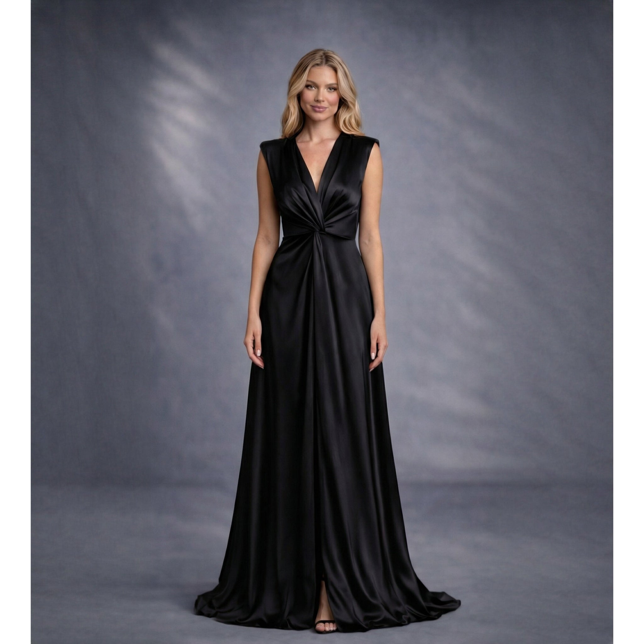 Rochie neagra lunga din satin cu nod in talie si despicatura London