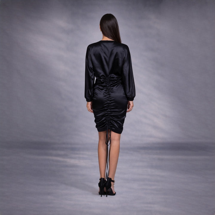 Rochie din satin negru drapata cu snur Roua
