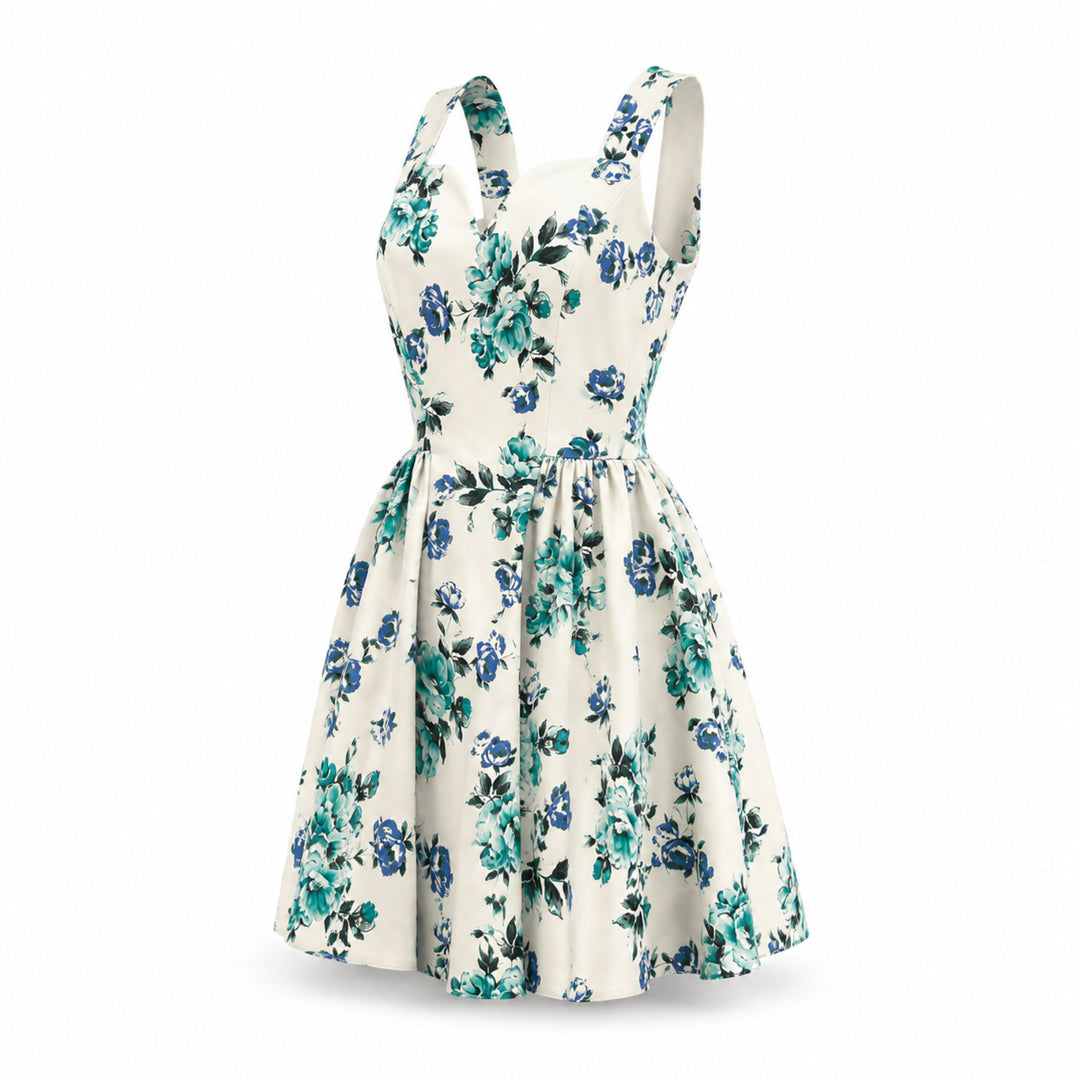 Rochie Scurtă cu print floral, decolteu inima si fustă Cloș