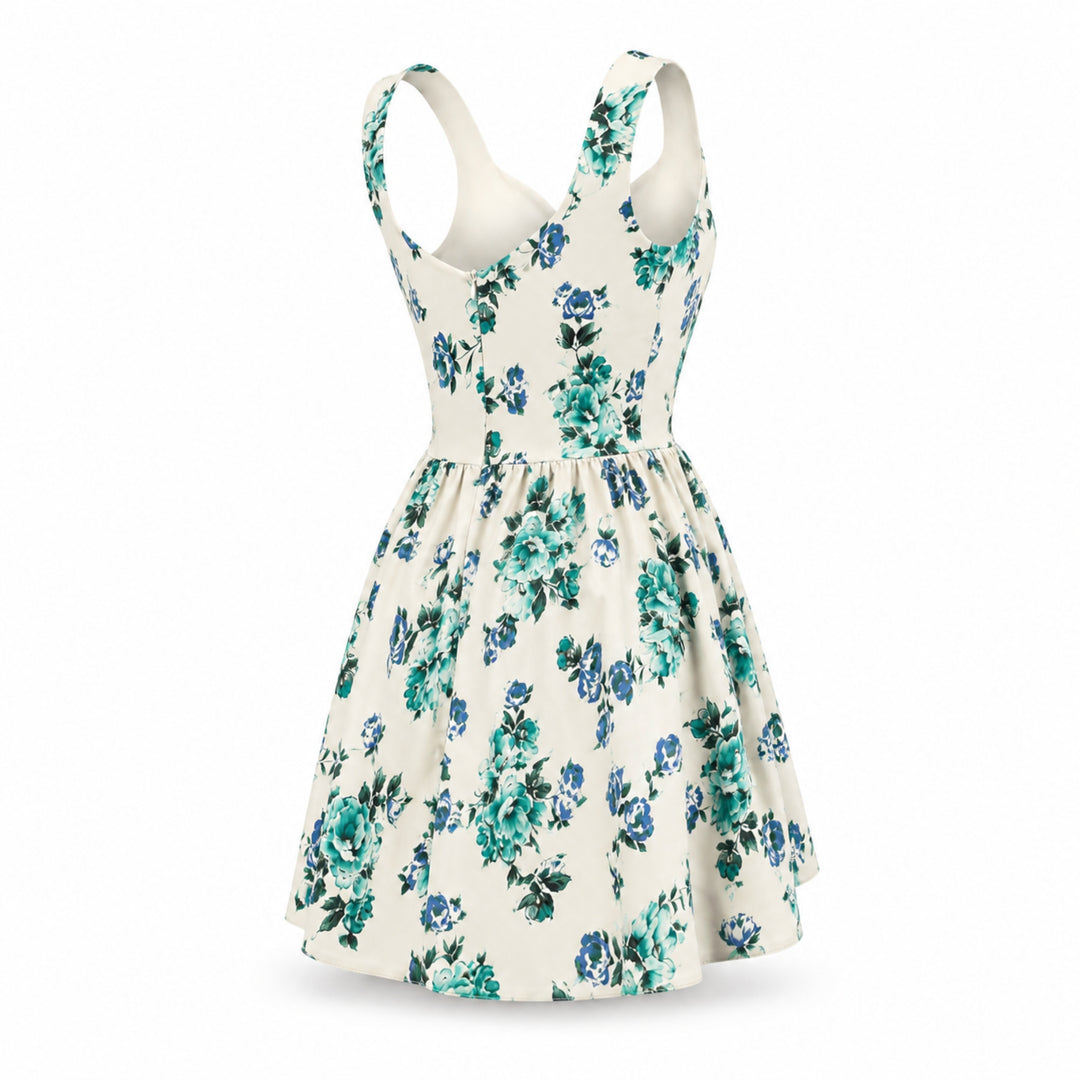 Rochie Scurtă cu print floral, decolteu inima si fustă Cloș