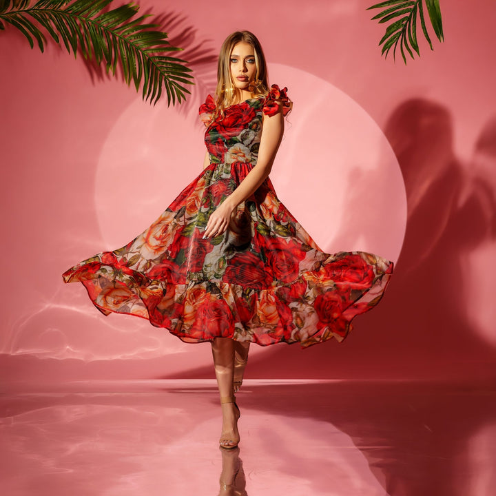 Rochie midi din organza printata cu fusta clos si volane Rosa