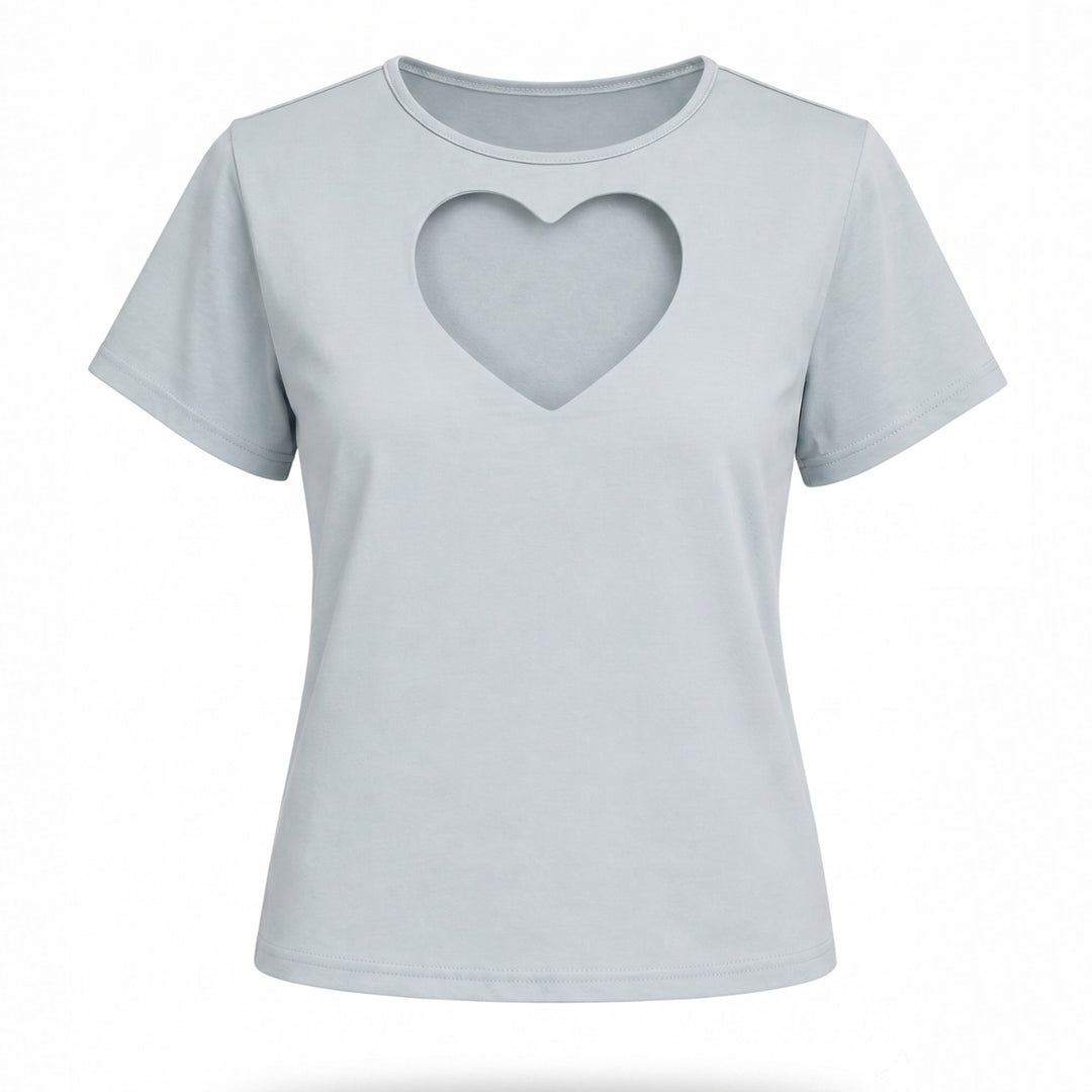 Tricou damă bleu pastel din bumbac 100% cu inimă decupată