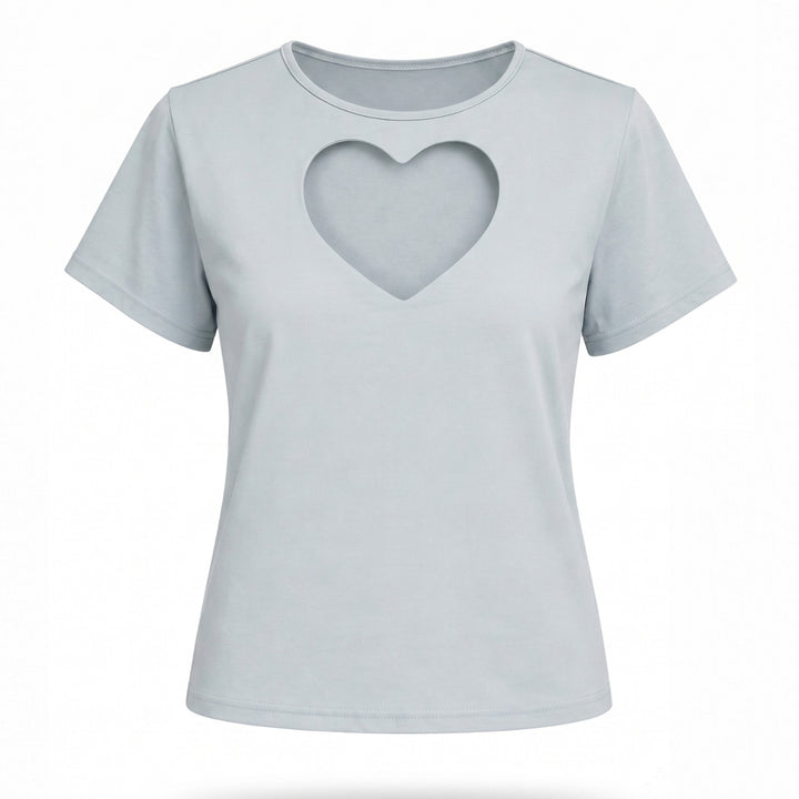 Tricou damă bleu pastel din bumbac 100% cu inimă decupată