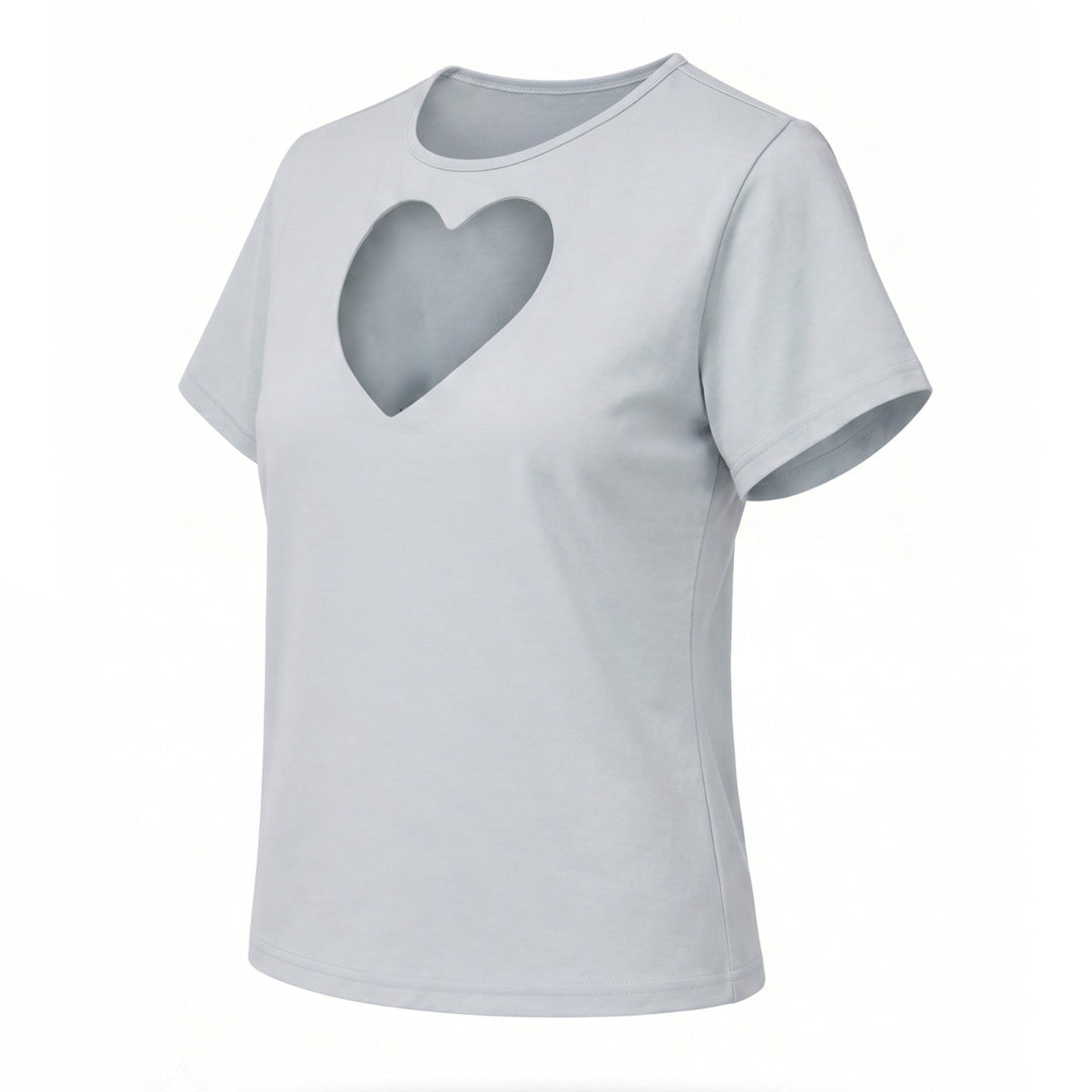 Tricou damă bleu pastel din bumbac 100% cu inimă decupată
