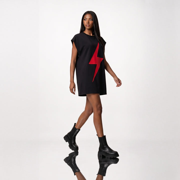 Rochie Tricou Oversized din Bumbac 100%, Design Fulger Decupat la Laser