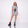 Rochie Tricou Gri Oversized din Bumbac 100%, Design Fulger Decupat la Laser