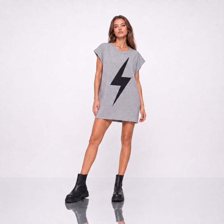 Rochie Tricou Gri Oversized din Bumbac 100%, Design Fulger Decupat la Laser