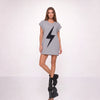 Rochie Tricou Gri Oversized din Bumbac 100%, Design Fulger Decupat la Laser
