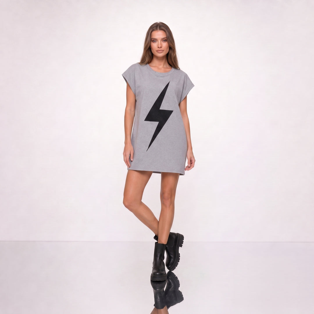 Rochie Tricou Gri Oversized din Bumbac 100%, Design Fulger Decupat la Laser