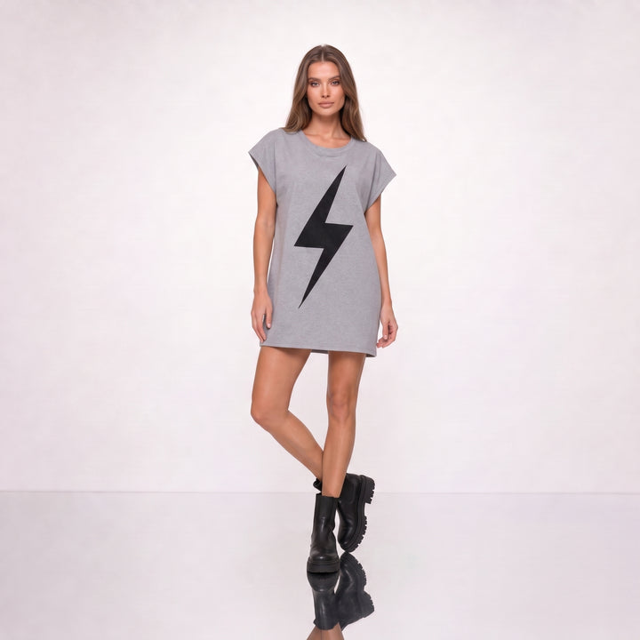 Rochie Tricou Gri Oversized din Bumbac 100%, Design Fulger Decupat la Laser
