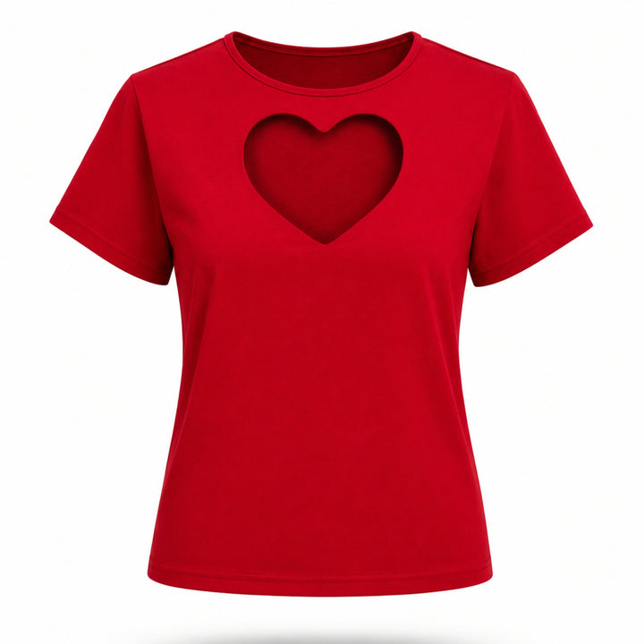 Tricou rosu din bumbac 100% cu inima decupata pe decolteu