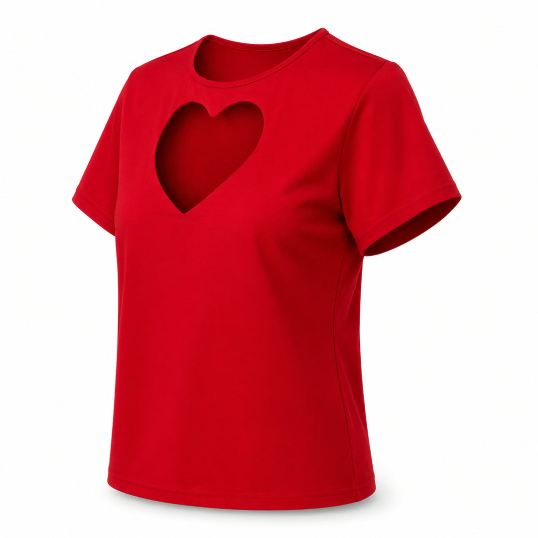 Tricou rosu din bumbac 100% cu inima decupata pe decolteu