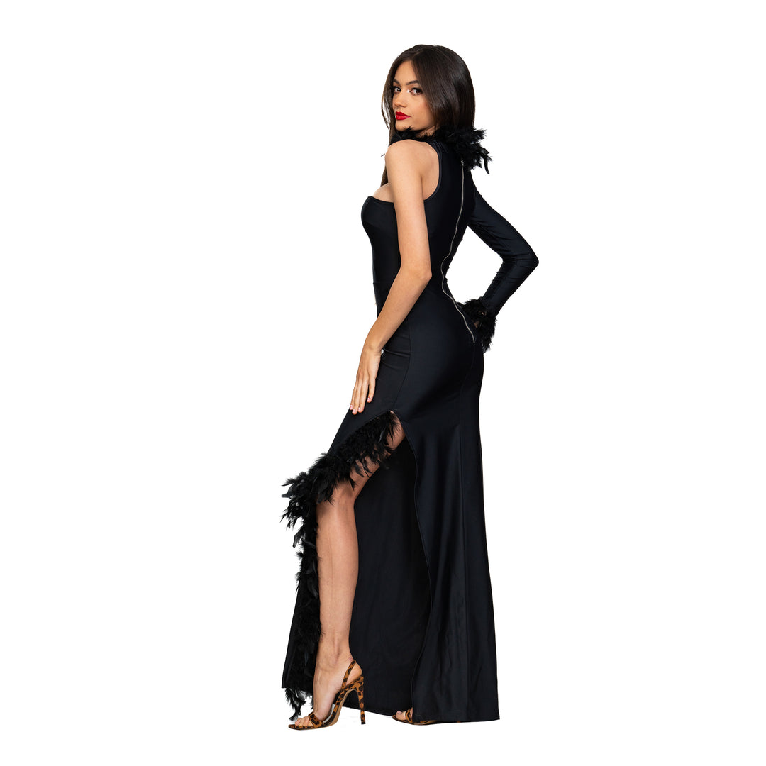 Carolina D rochie neagra lunga din lycra premium cu pene