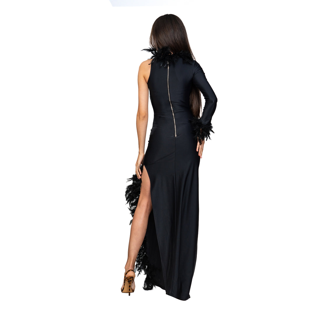 Carolina D rochie neagra lunga din lycra premium cu pene