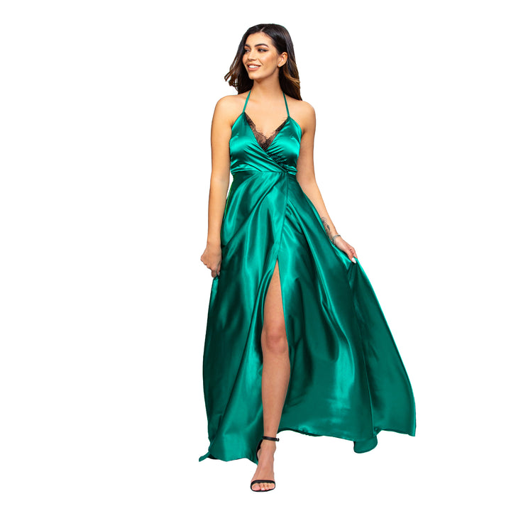 rochie verde lunga din satin